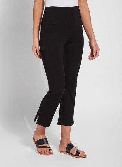 color=Black, front angle, plus size curvy legging with body-hugging fit to knee, flare opening, side slit, comfort waistband