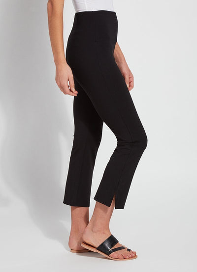 color=Black, side view, lightweight ponte legging with body-hugging fit to knee, flare opening, side slit, comfort waistband