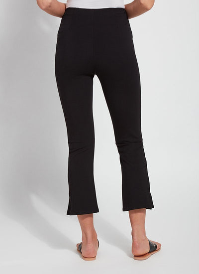 color=Black, back view, lightweight ponte legging with body-hugging fit to knee, flare opening, side slit, comfort waistband