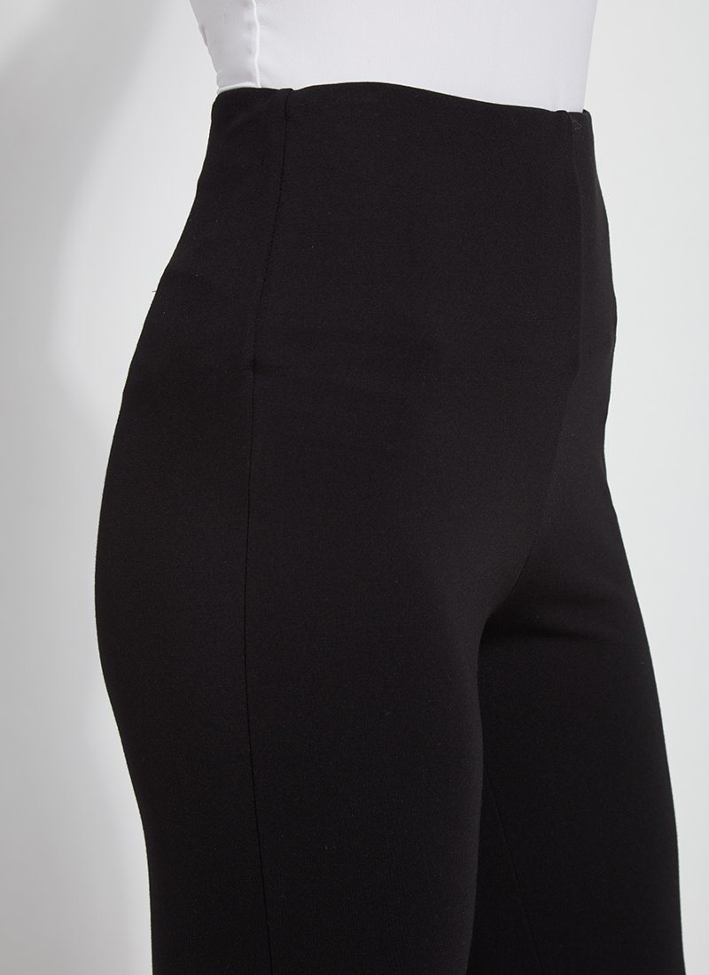 color=Black, waist detail, lightweight ponte legging with body-hugging fit to knee, flare opening, side slit, comfort waistband