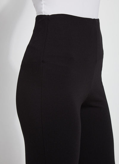 color=Black, waist detail, plus size curvy legging with body-hugging fit to knee, flare opening, side slit, comfort waistband