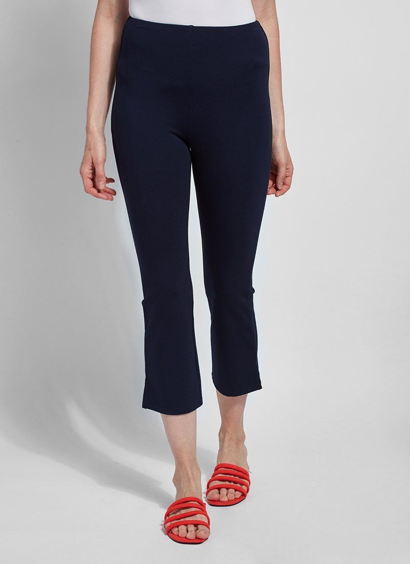 color=True Navy, front view, lightweight ponte legging with body-hugging fit to knee, flare opening, side slit, comfort waistband