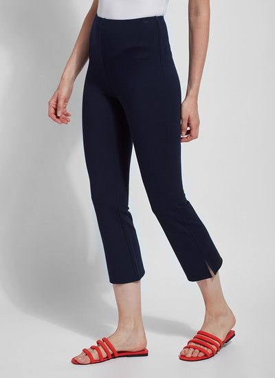 color=True Navy, front angle, lightweight ponte legging with body-hugging fit to knee, flare opening, side slit, comfort waistband