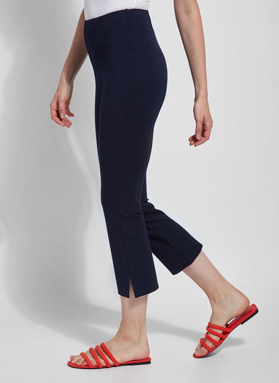 color=True Navy, side view, lightweight ponte legging with body-hugging fit to knee, flare opening, side slit, comfort waistband