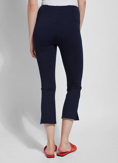 color=True Navy, back view, lightweight ponte legging with body-hugging fit to knee, flare opening, side slit, comfort waistband