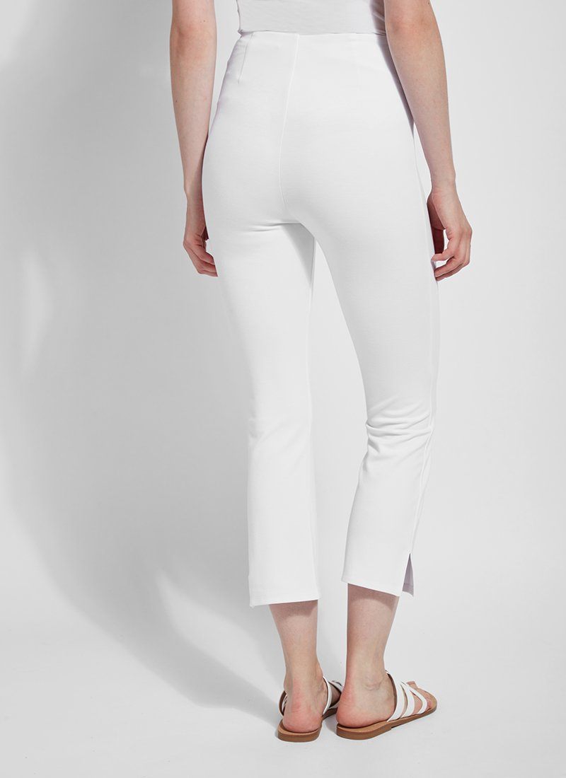 color=White, back view, lightweight ponte legging with body-hugging fit to knee, flare opening, side slit, comfort waistband