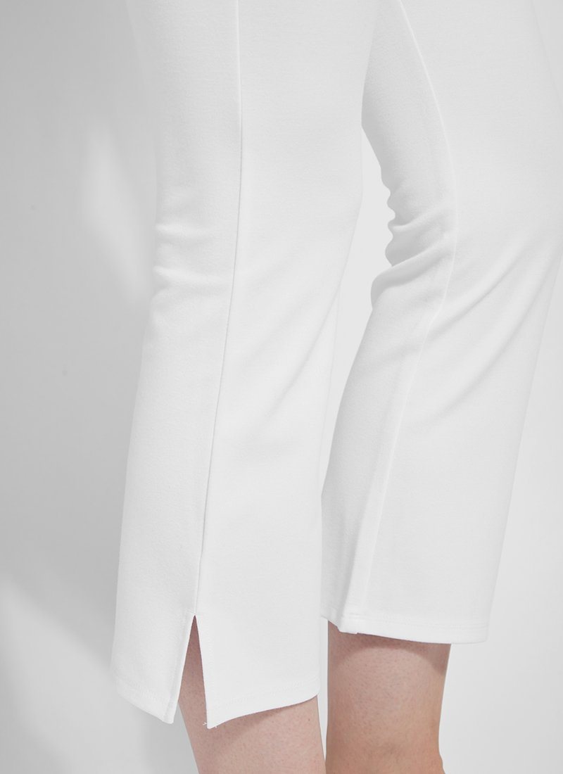 color=White, flare hem detail, lightweight ponte legging with body-hugging fit to knee, flare opening, side slit, comfort waistband
