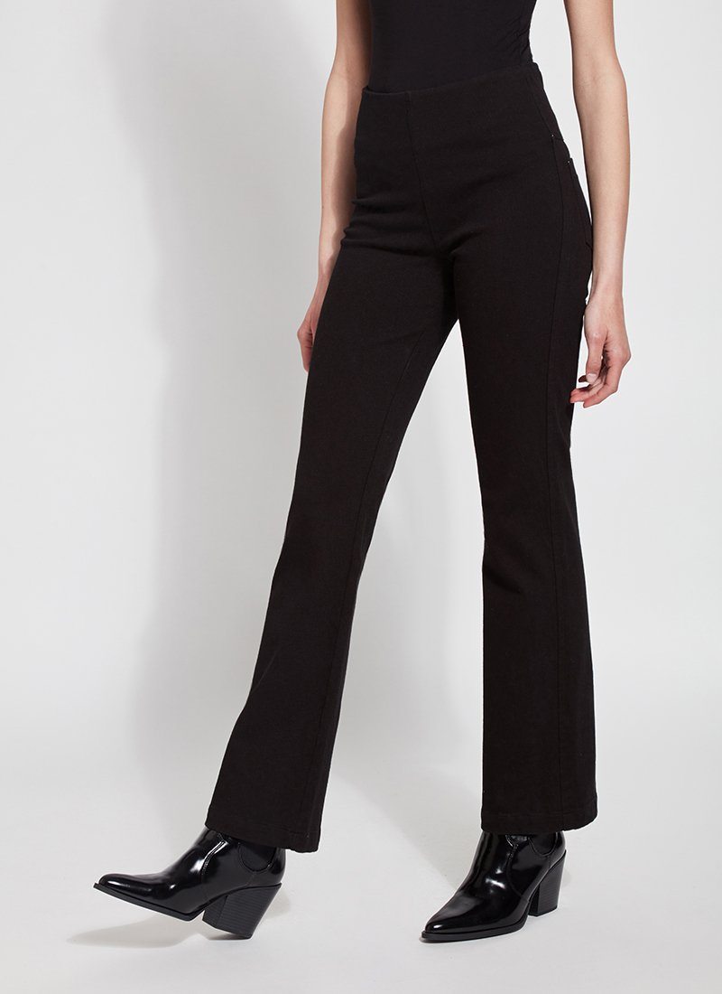 color=Black, front angle, knit denim jean leggings with deep side pocket, skims hips and thighs and opens into bootcut hem