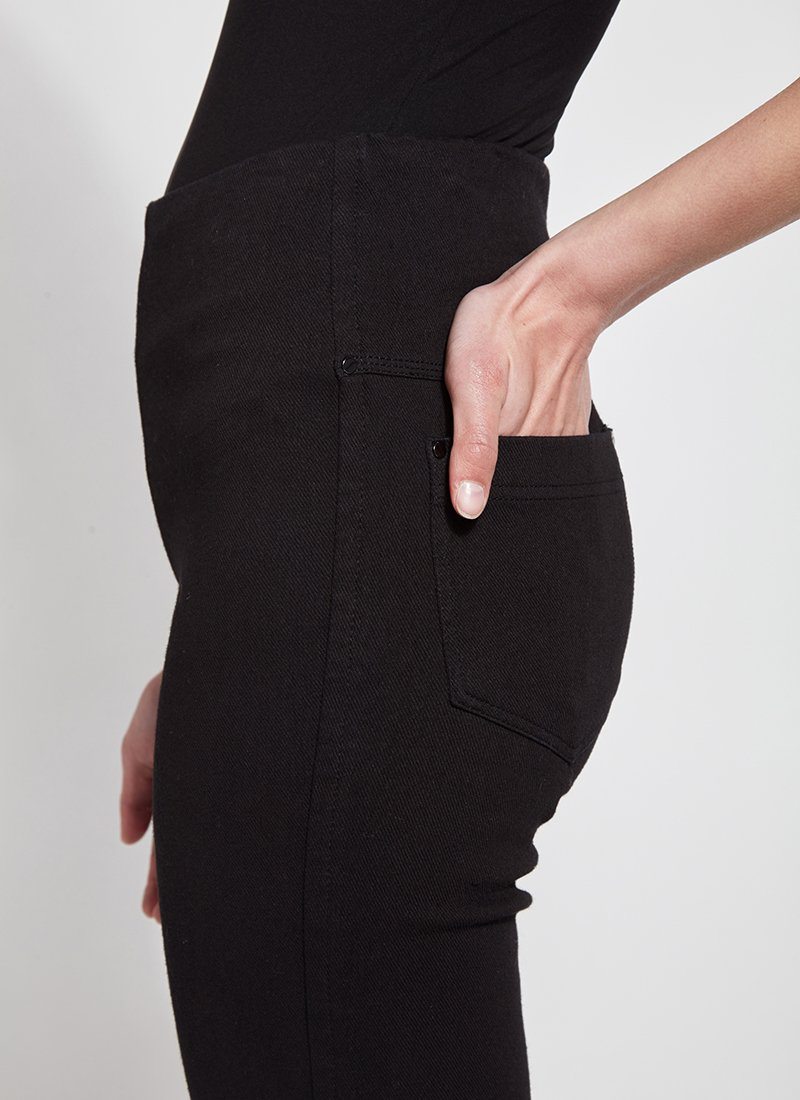 color=Black, side detail, knit denim jean leggings with deep side pocket, skims hips and thighs and opens into bootcut hem