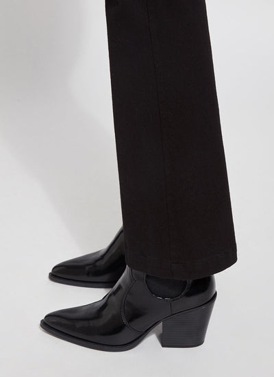 color=Black, hem detail, knit denim jean leggings with deep side pocket, skims hips and thighs and opens into bootcut hem