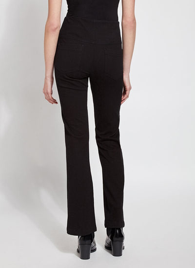 color=Black, back view, knit denim jean leggings with deep side pocket, skims hips and thighs and opens into bootcut hem