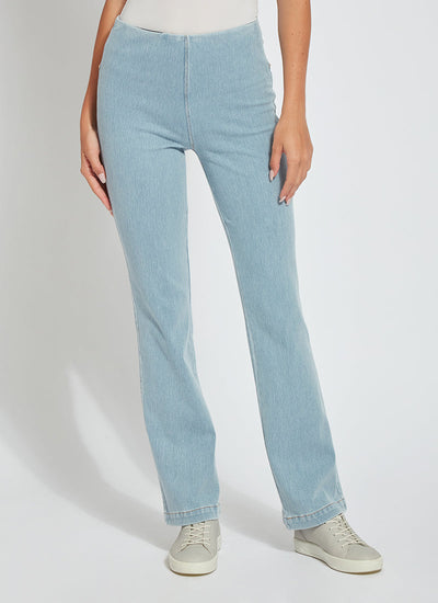 color=Bleached Blue, front, knit denim jean leggings with deep side pocket, skims hips and thighs and opens into bootcut hem