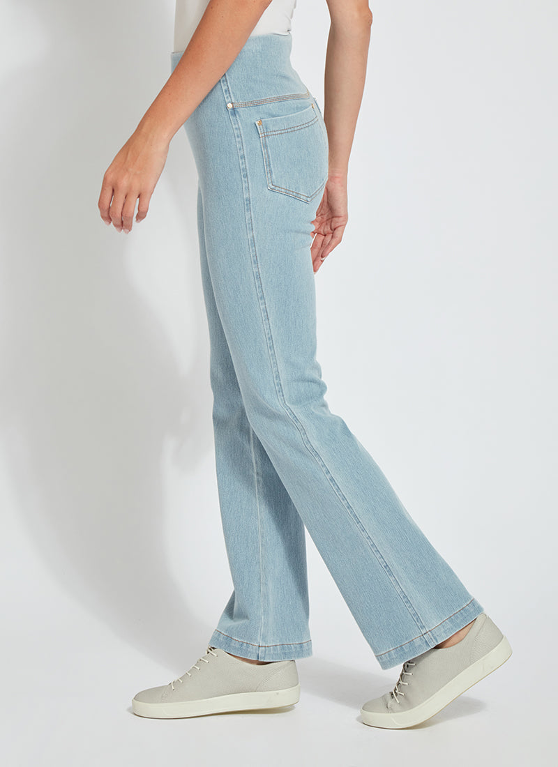color=Bleached Blue, side, knit denim jean leggings with deep side pocket, skims hips and thighs and opens into bootcut hem