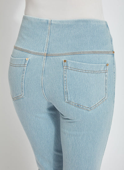color=Bleached Blue, back detail, knit denim jean leggings with deep side pocket, skims hips and thighs and opens into bootcut hem