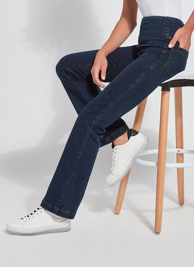 color=Indigo, seated side, knit denim jean leggings with deep side pocket, skims hips and thighs and opens into bootcut hem