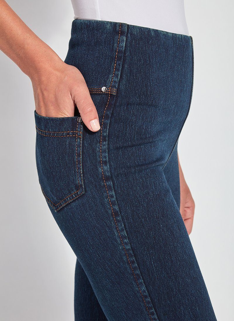 color=Indigo, hip detail, knit denim jean leggings with deep side pocket, skims hips and thighs and opens into bootcut hem