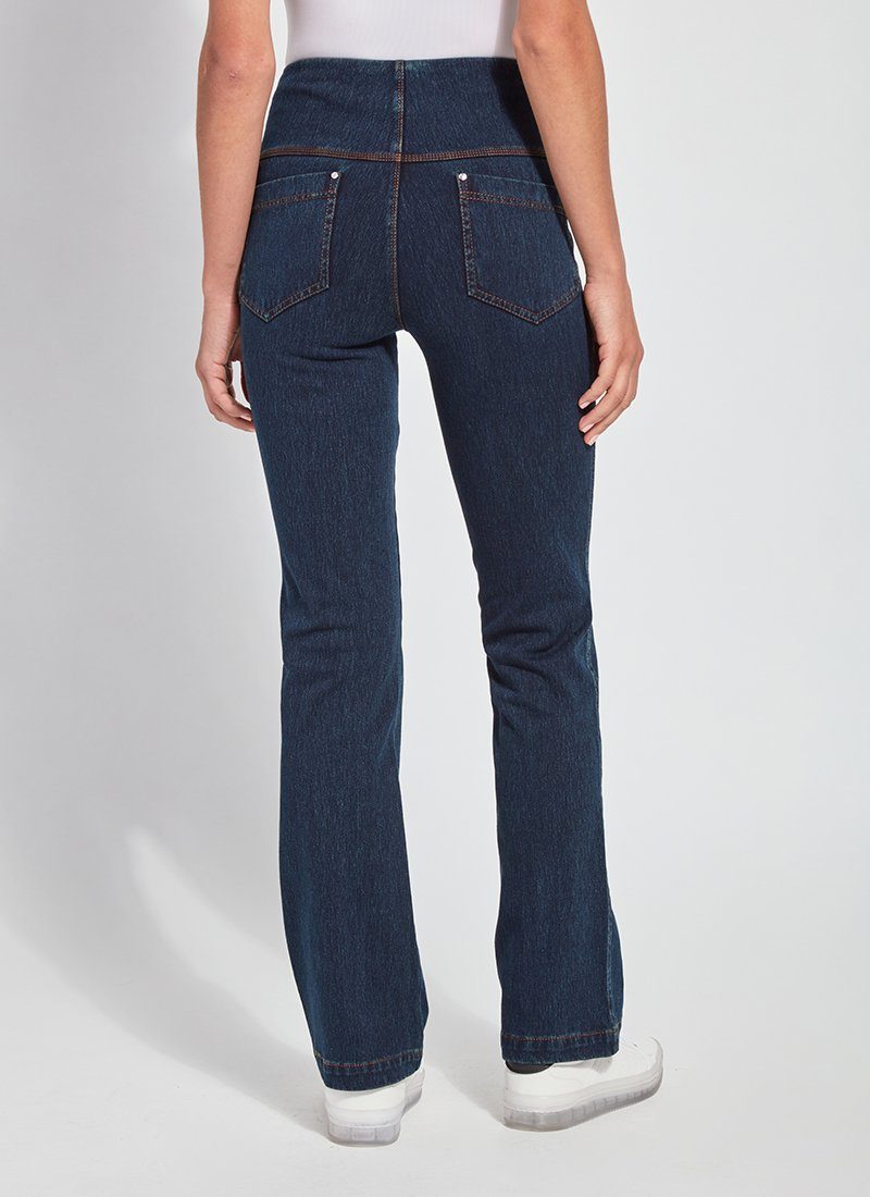 color=Indigo, back view, knit denim jean leggings with deep side pocket, skims hips and thighs and opens into bootcut hem