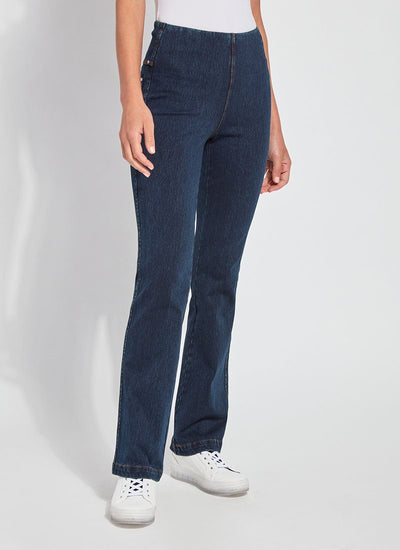 color=Indigo, front view, knit denim jean leggings with deep side pocket, skims hips and thighs and opens into bootcut hem