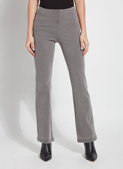 color=Mid Grey, front, knit denim jean leggings with deep side pocket, skims hips and thighs and opens into bootcut hem