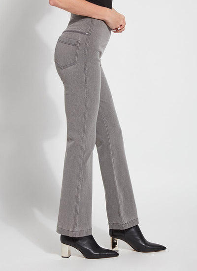 color=Mid Grey, side view, knit denim jean leggings with deep side pocket, skims hips and thighs and opens into bootcut hem