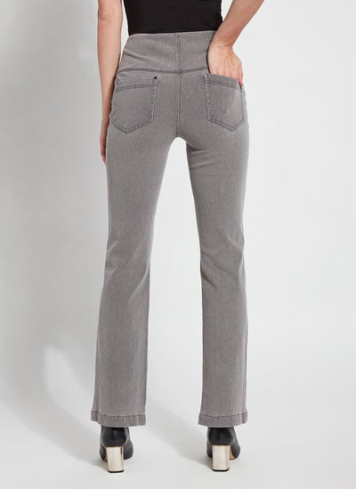 color=Mid Grey, back view, knit denim jean leggings with deep side pocket, skims hips and thighs and opens into bootcut hem
