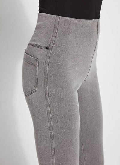 color=Mid Grey, waist detail, knit denim jean leggings with deep side pocket, skims hips and thighs and opens into bootcut hem