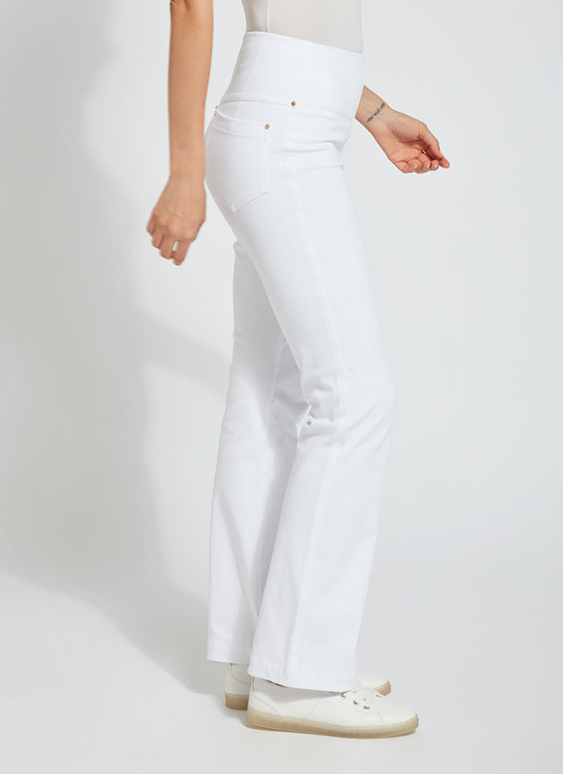 color=White, side, knit denim jean leggings with deep side pocket, skims hips and thighs and opens into bootcut hem