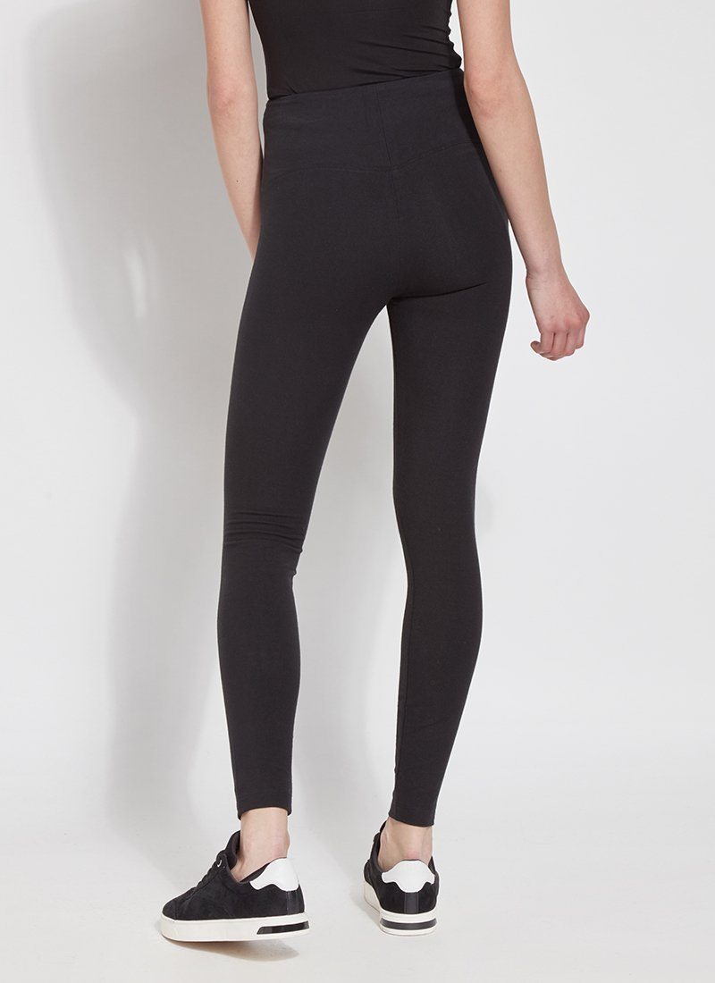 color=Black, back view, stretch cotton leggings, yoga pants, with smoothing comfort waistband and lifting, contouring seaming 