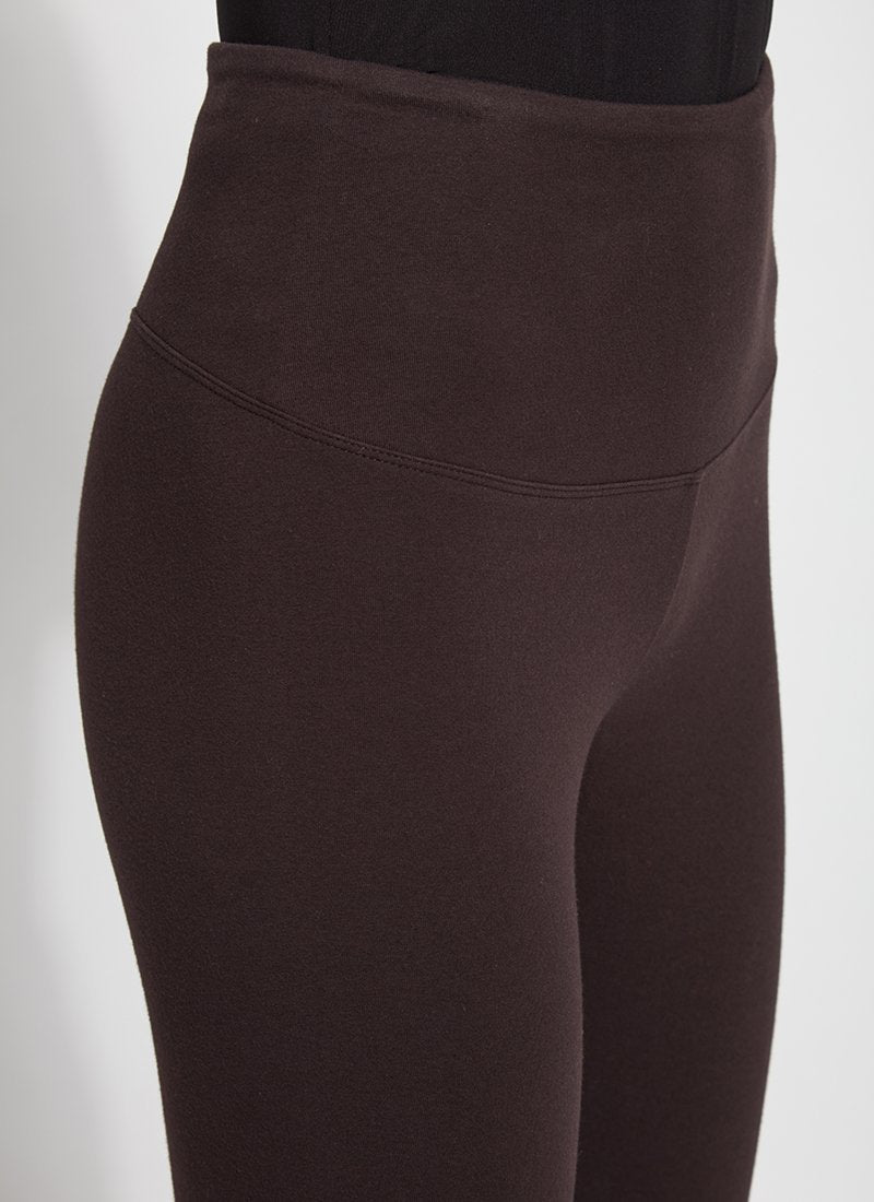 color=Double Espresso, side detail, stretch cotton leggings, yoga pants, with smoothing comfort waistband and lifting, contouring seaming 