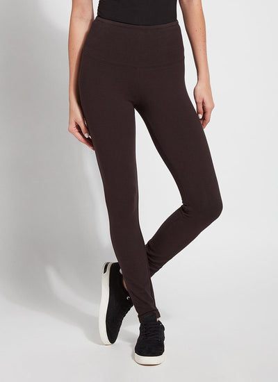 color=Double Espresso, front view, stretch cotton leggings, yoga pants, with smoothing comfort waistband and lifting, contouring seaming 