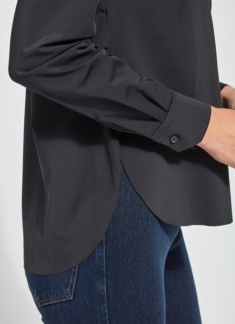 color=Black, hem detail, slim fit women’s button up shirt with curved hem, made with wrinkle resistant microfiber