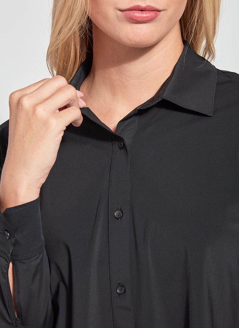 color=Black, front neckline detail, slim fit women’s button up shirt with curved hem, made with wrinkle resistant microfiber