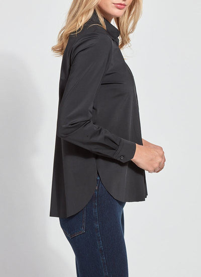 color=Black, side view, slim fit women’s button up shirt with curved hem, made with wrinkle resistant microfiber