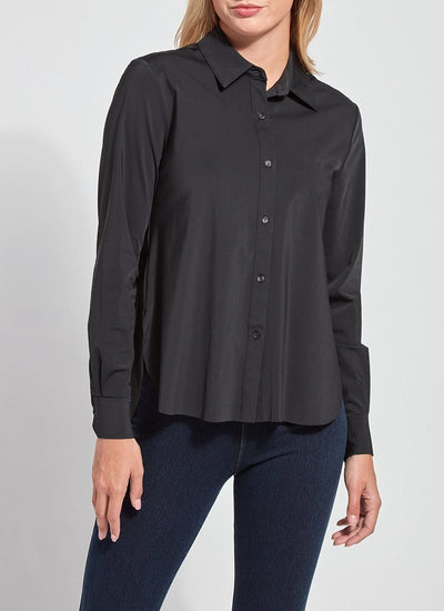 color=Black, front view, slim fit women’s button up shirt with curved hem, made with wrinkle resistant microfiber