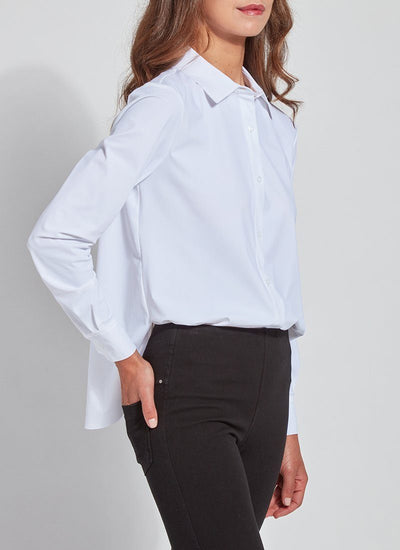 color=White, angled front view, slim fit women’s button up shirt with curved hem, made with wrinkle resistant microfiber