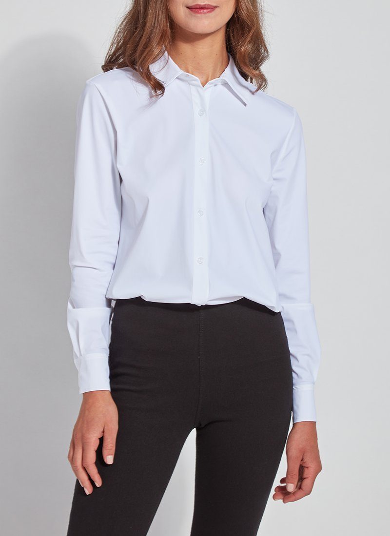color=White, front view, slim fit women’s button up shirt with curved hem, made with wrinkle resistant microfiber