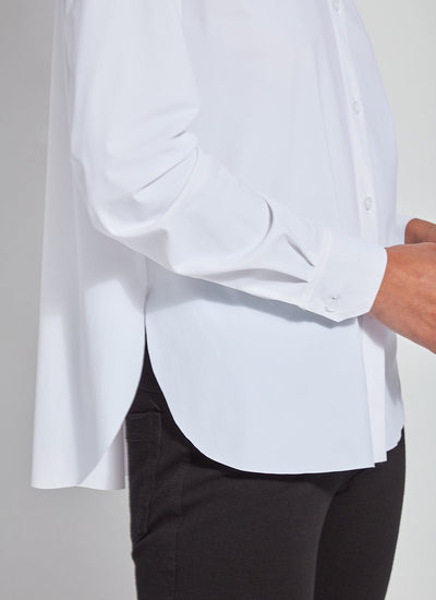 color=White, side hem detail, slim fit women’s button up shirt with curved hem, made with wrinkle resistant microfiber