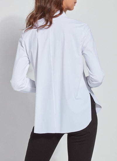 color=White, back view, slim fit women’s button up shirt with curved hem, made with wrinkle resistant microfiber