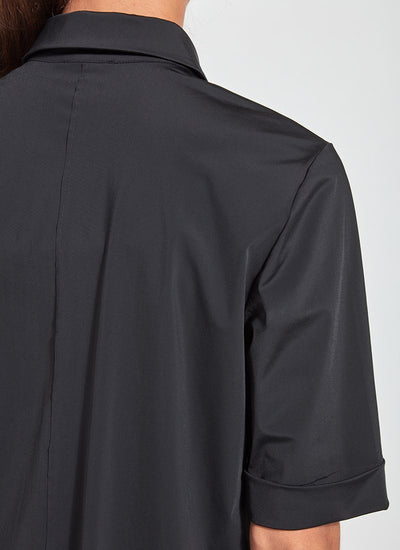 color=Black, back detail, slim fit women’s short sleeve button up shirt in wrinkle resistant microfiber