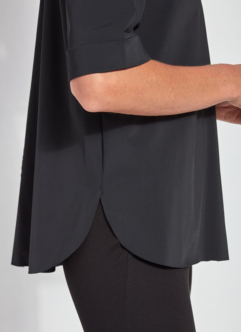 color=Black, hem detail, slim fit women’s short sleeve button up shirt in wrinkle resistant microfiber
