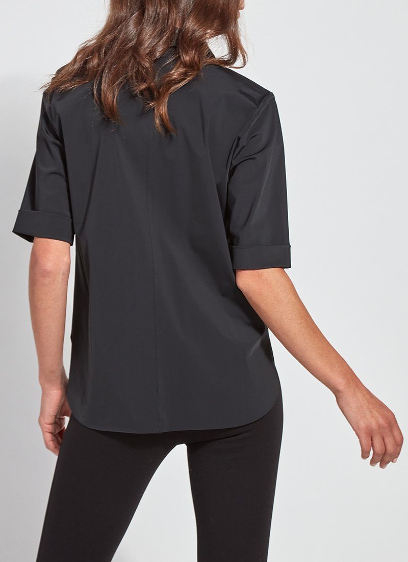 color=Black, back view, slim fit women’s short sleeve button up shirt in wrinkle resistant microfiber