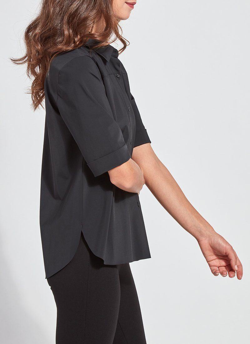 color=Black, side view, slim fit women’s short sleeve button up shirt in wrinkle resistant microfiber
