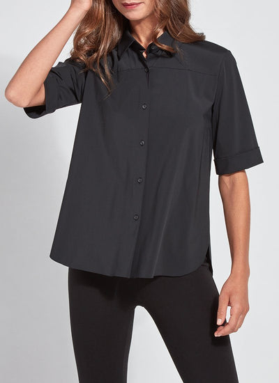 color=Black, front view, slim fit women’s short sleeve button up shirt in wrinkle resistant microfiber