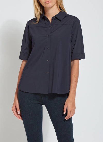 color=True Navy, front view, slim fit women’s short sleeve button up shirt in wrinkle resistant microfiber