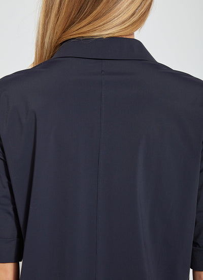 color=True Navy, back neckline detail, slim fit women’s short sleeve button up shirt in wrinkle resistant microfiber
