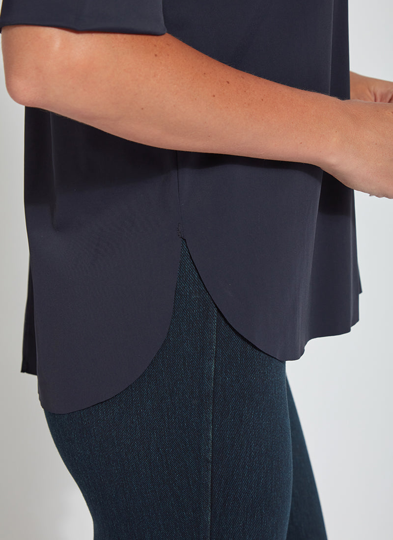 color=True Navy, hem detail, slim fit women’s short sleeve button up shirt in wrinkle resistant microfiber