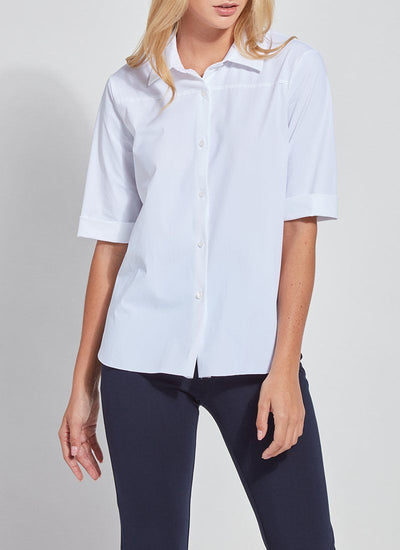 color=White, front view, slim fit women’s short sleeve button up shirt in wrinkle resistant microfiber
