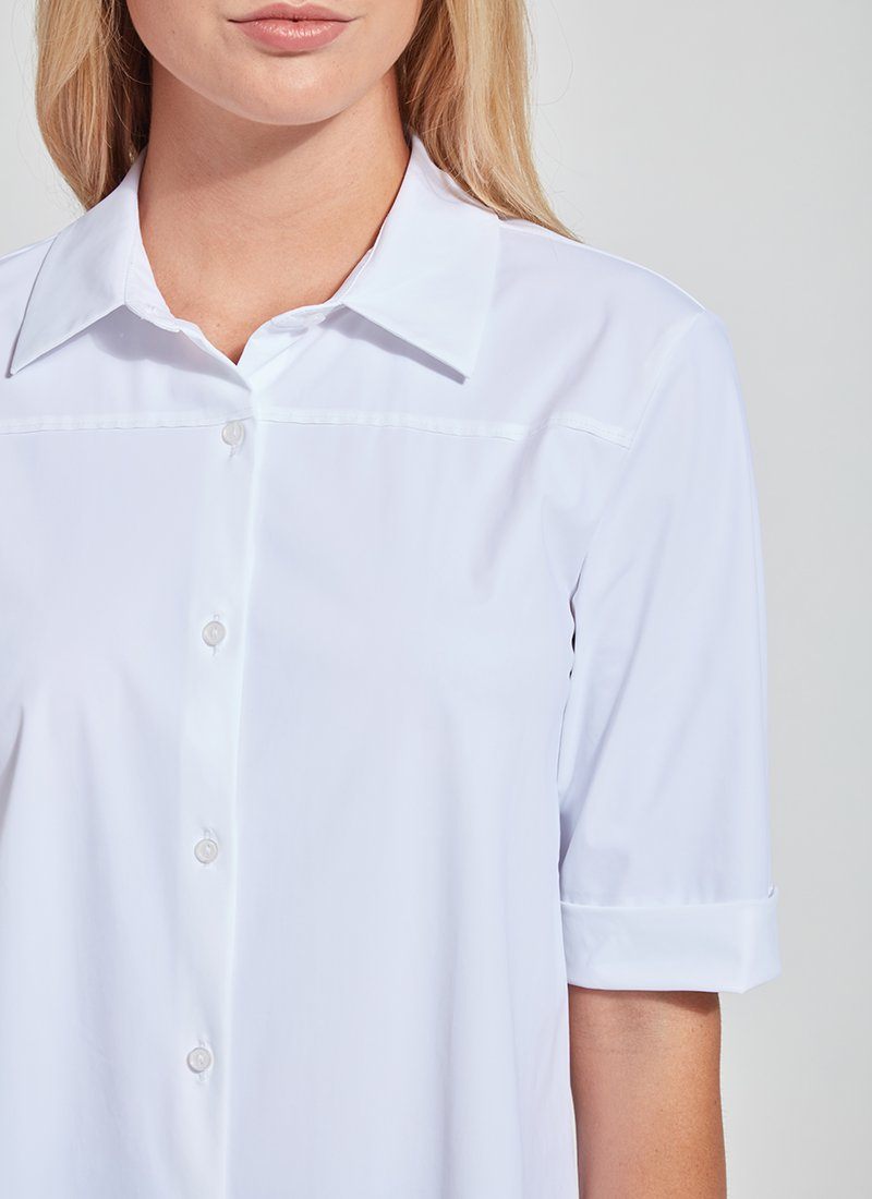 color=White, front detail, slim fit women’s short sleeve button up shirt in wrinkle resistant microfiber