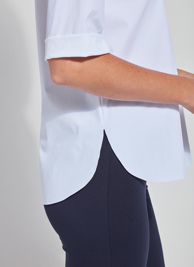 color=White, hem detail, slim fit women’s short sleeve button up shirt in wrinkle resistant microfiber