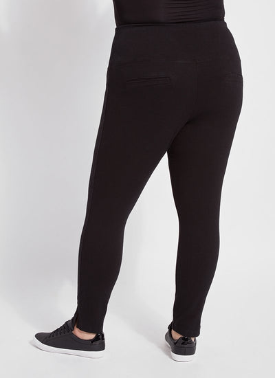color=Black, back view, plus size denim skinny jean leggings with concealed smoothing waistband for flattering fit
